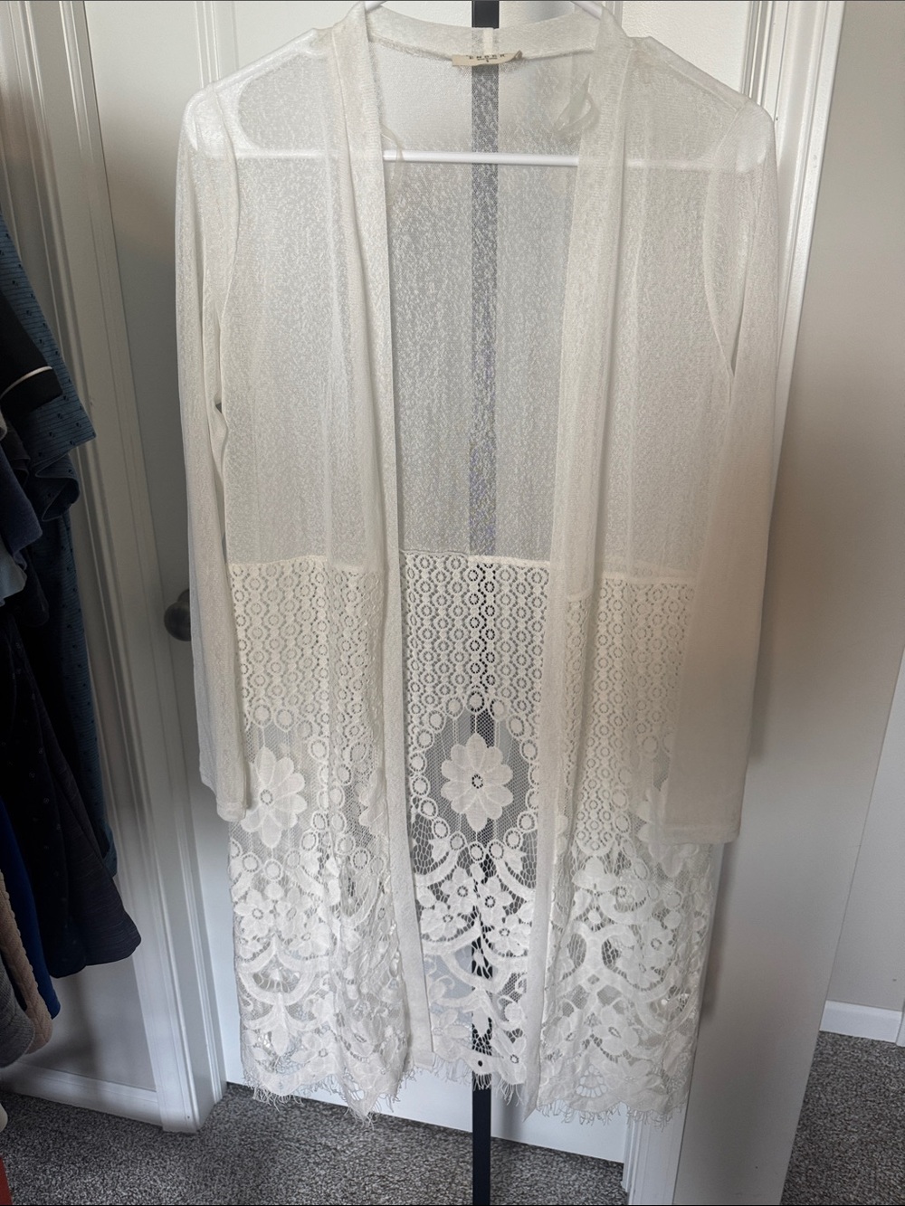 Sheer Lace-Trim White Duster Cardigan - Women's